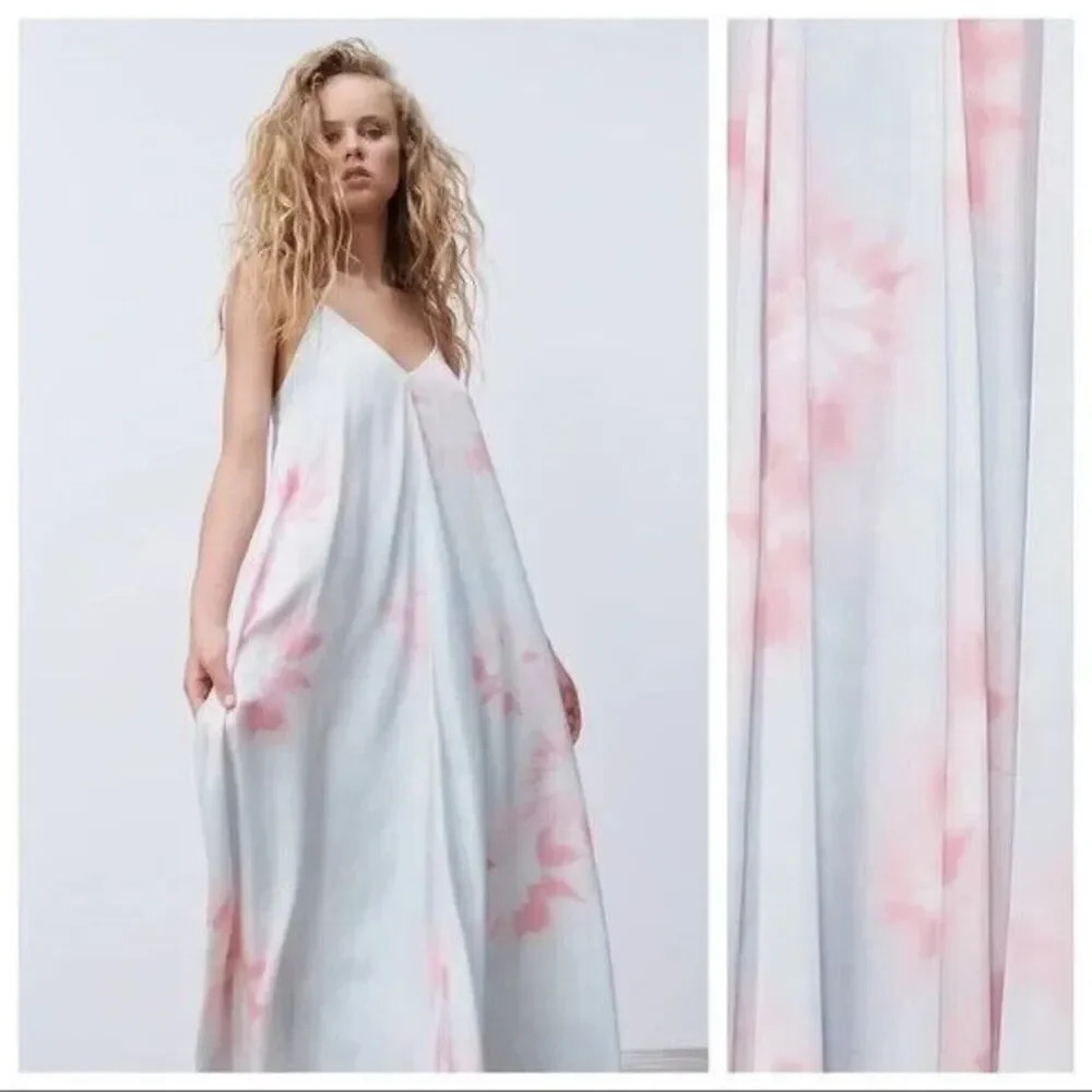 ZARA WOMAN TIE-DYE DRESS Size Medium Pink Blue FLOWING MIDI STRAPPY SATIN Summer - Picture 3 of 16